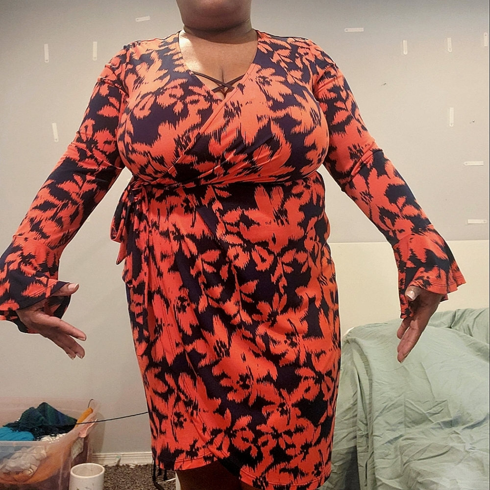 Faux wrap bell sleeve dress